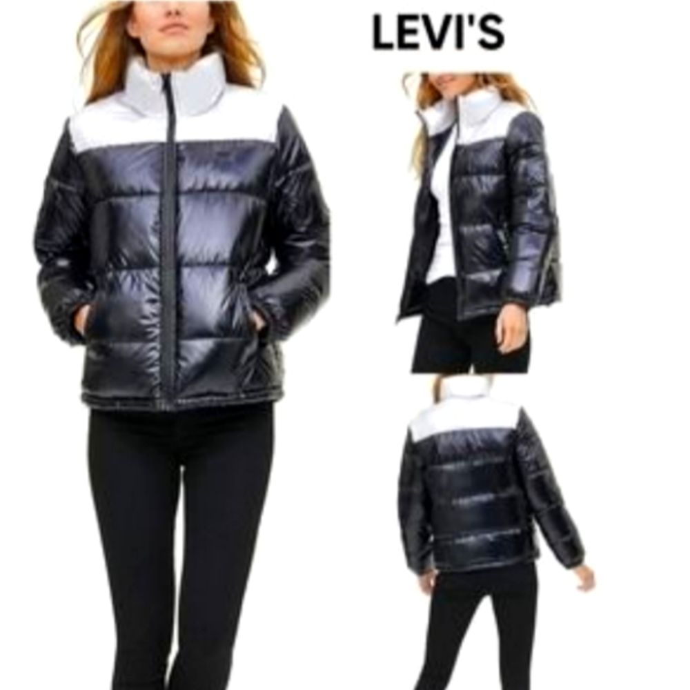 Levi's Women's sz XL Quilted bubble Puffer Jacket Pearlized Black/Silver